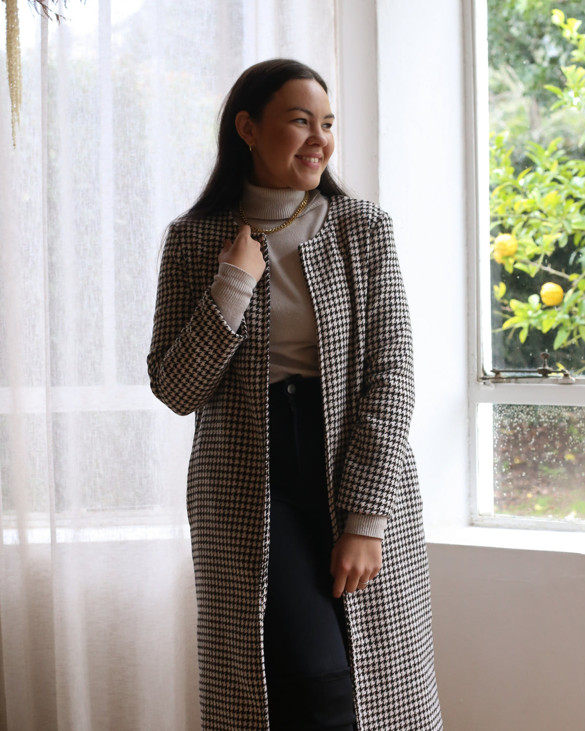 ROUND NECK HOUNDSTOOTH COAT