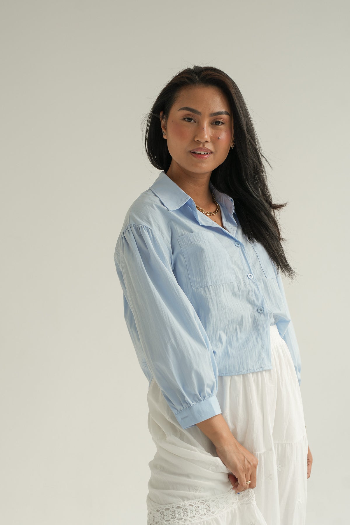 PUFF SLEEVE BUTTON SHIRT | BABY BLUE