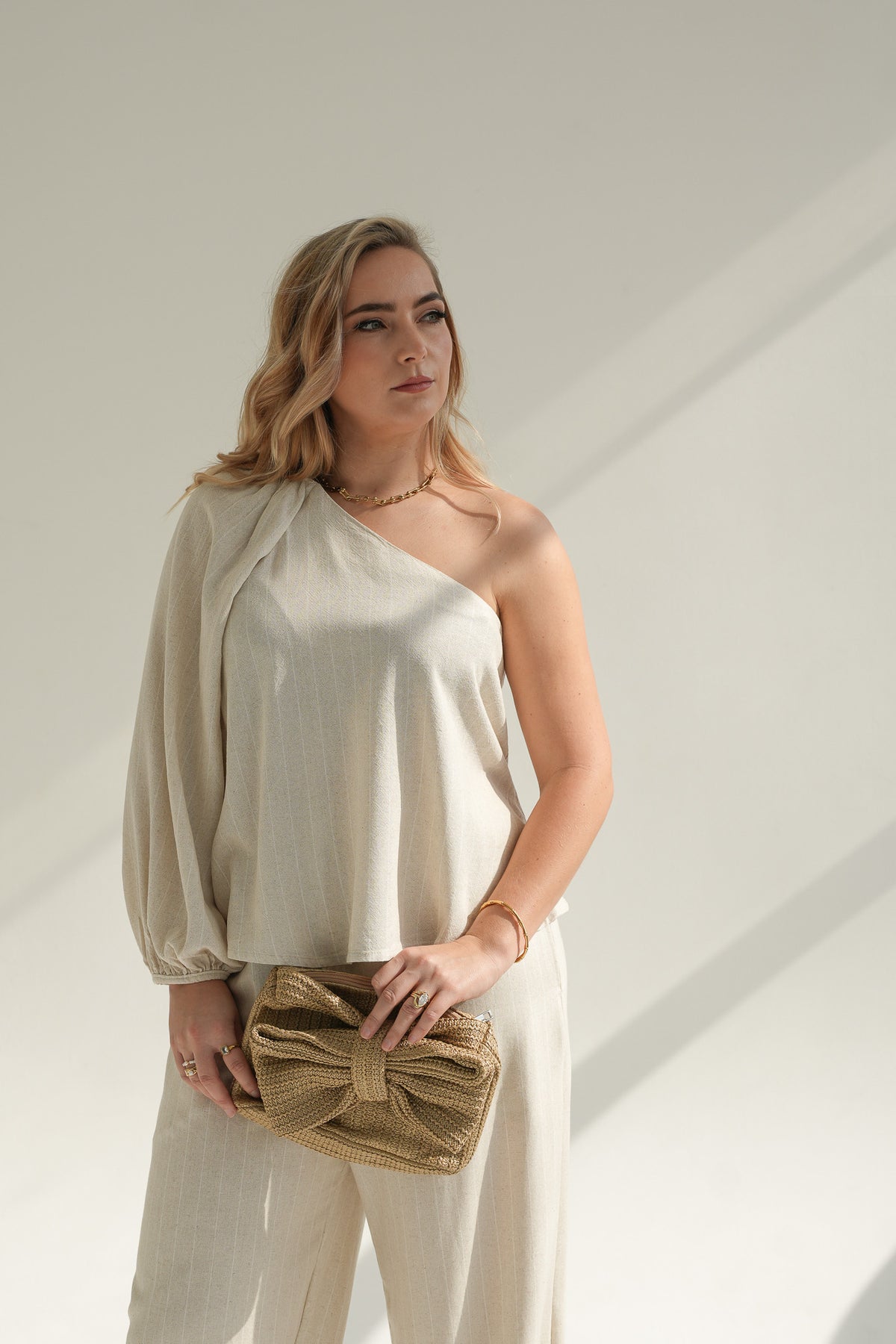 ONE SHOULDER BLOUSE | OATMEAL STRIPE