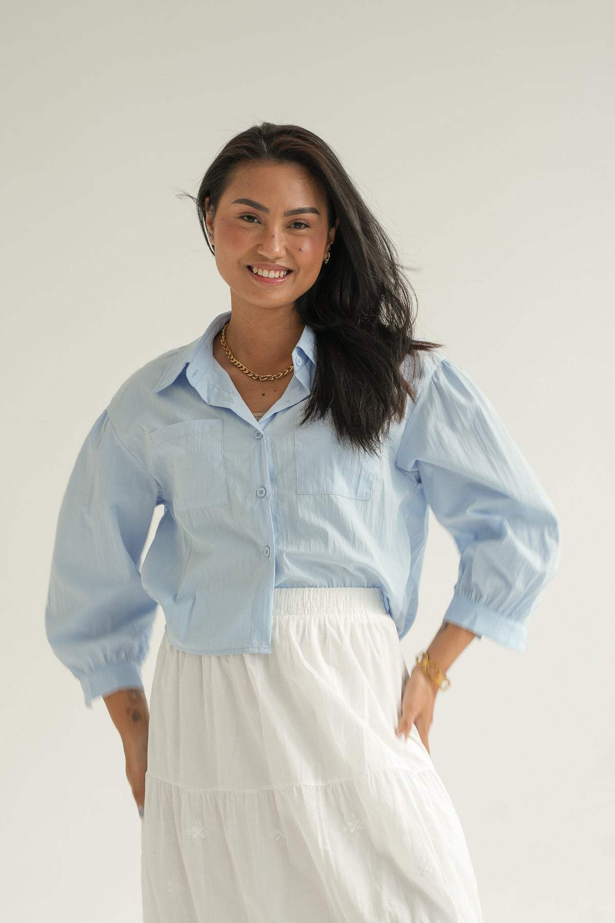PUFF SLEEVE BUTTON SHIRT | BABY BLUE
